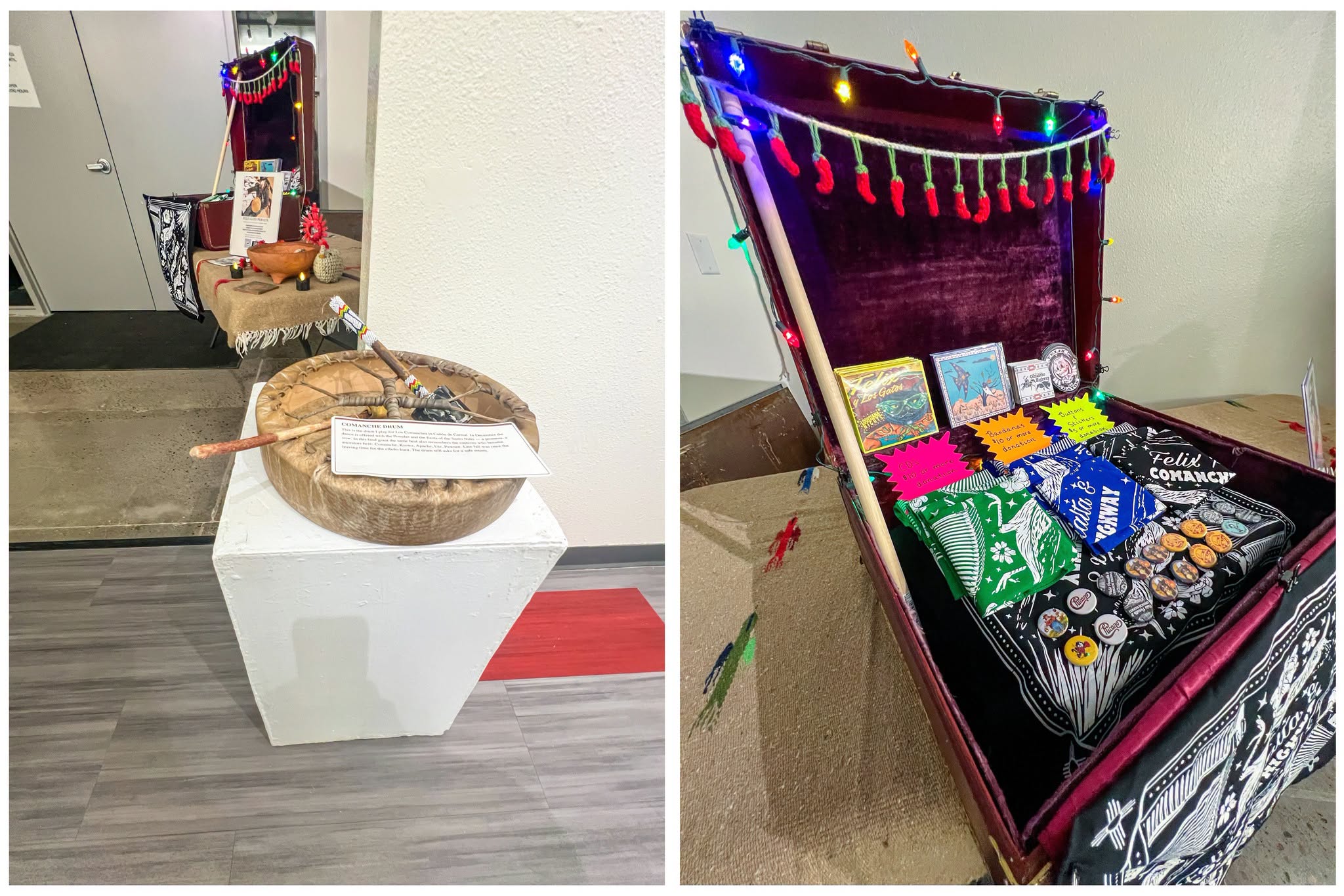 Displays from “Comanche Highway,” including a drum and a decorated trunk of project materials and artwork.